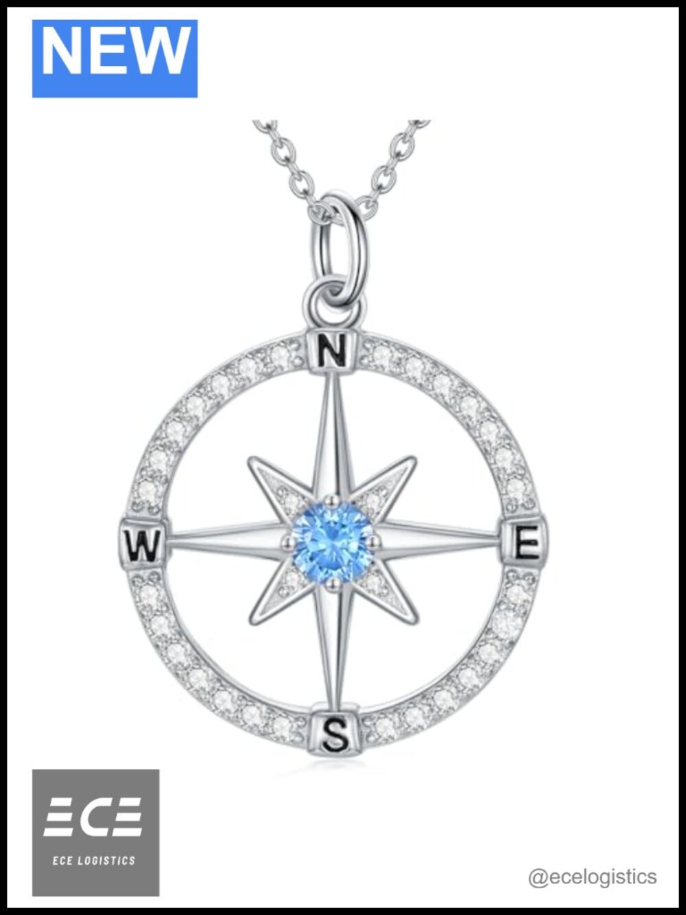 Moissanite Compass Pendant Necklace Sterling Silver White Gold Plated